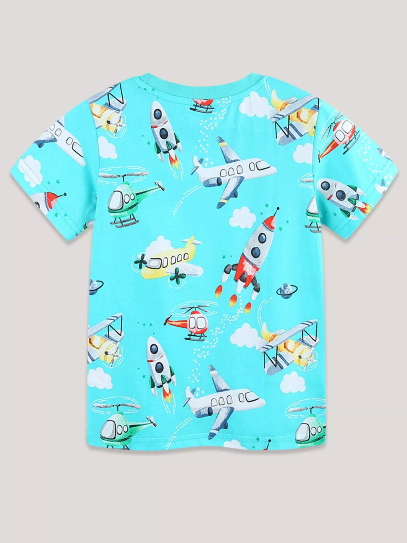 Airplane & Rocket Print Crew Neck Short Sleeve T-Shirt in Aqua for Boys
