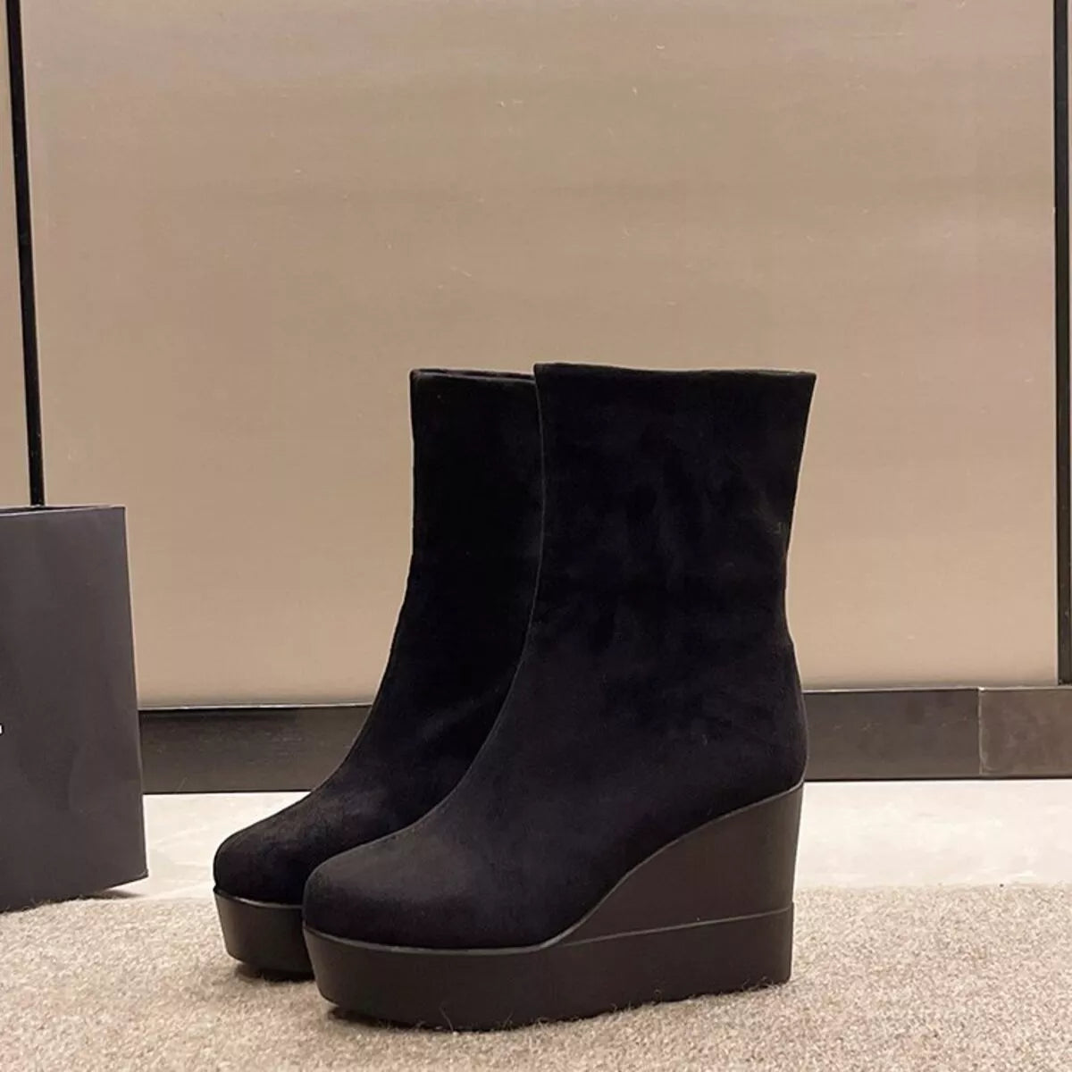 Round Toe Wedge Boots in Black for Women