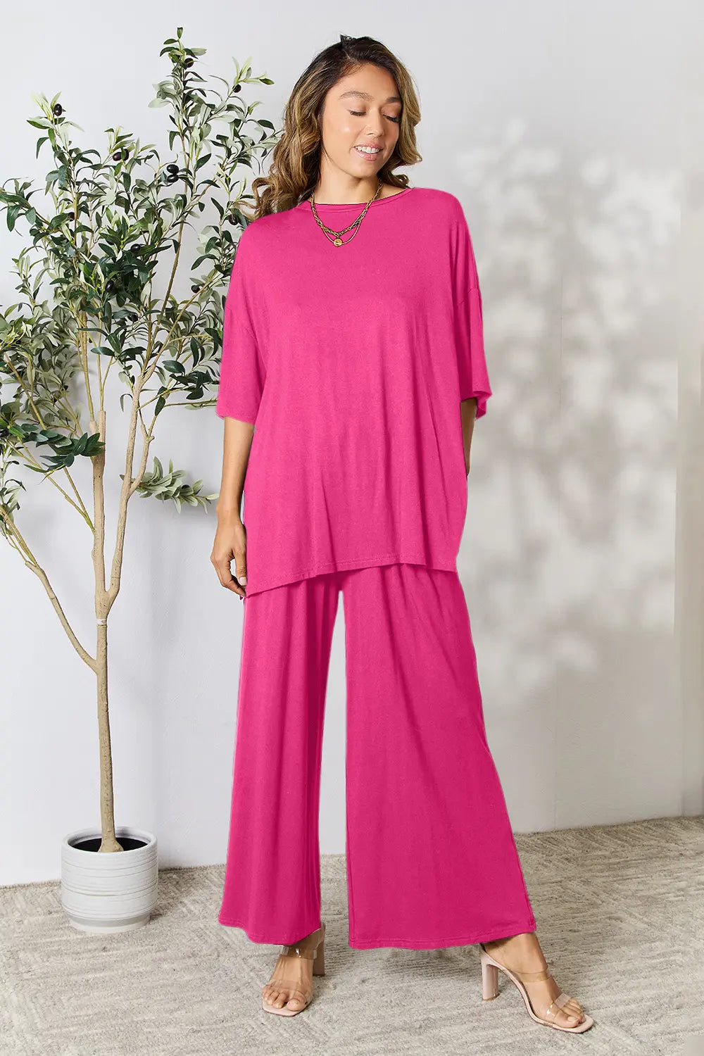 Plus Size Round Neck Slit Top and Pants Set in Hot Pink for Women