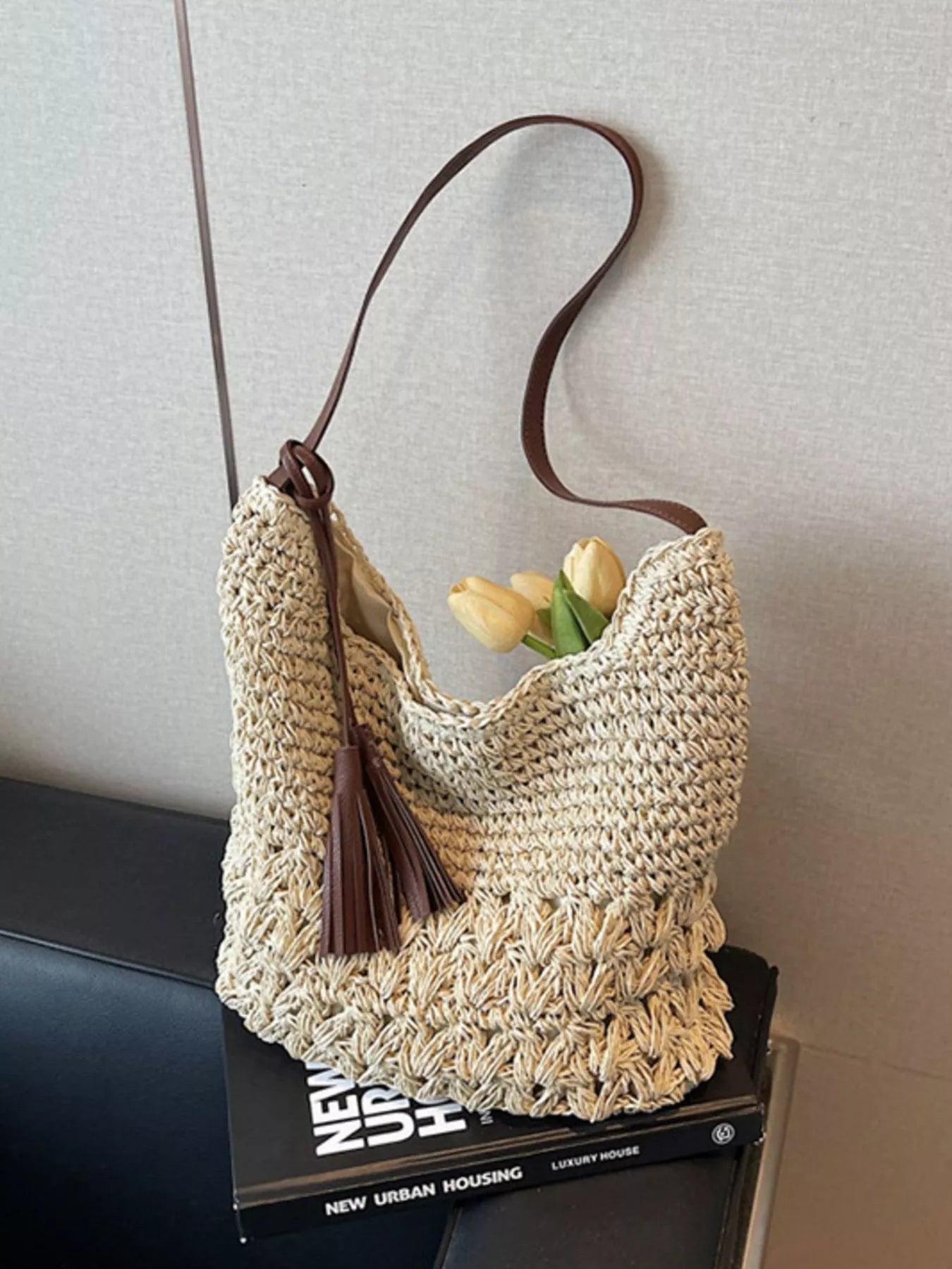 Woven Straw Shoulder Bag with Tassels for Women