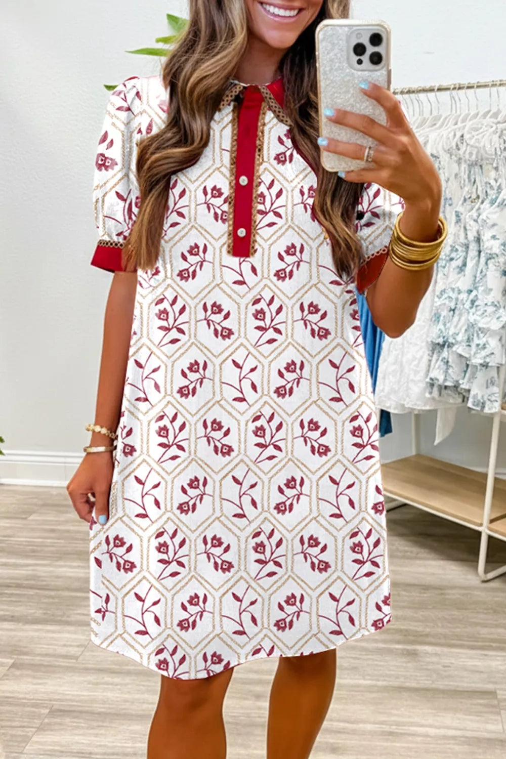Contrast Trim Printed Short Sleeve Dress for Women