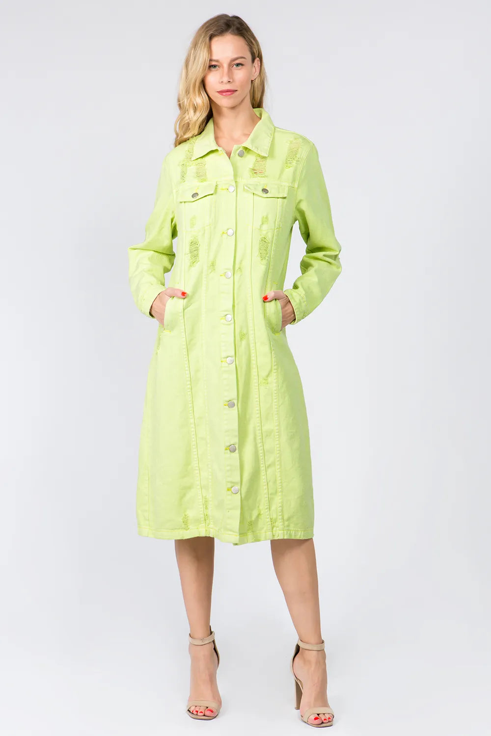 Button Up Distressed Denim Dress in Lime for Women
