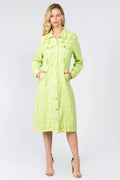 Button Up Distressed Denim Dress in Lime for Women
