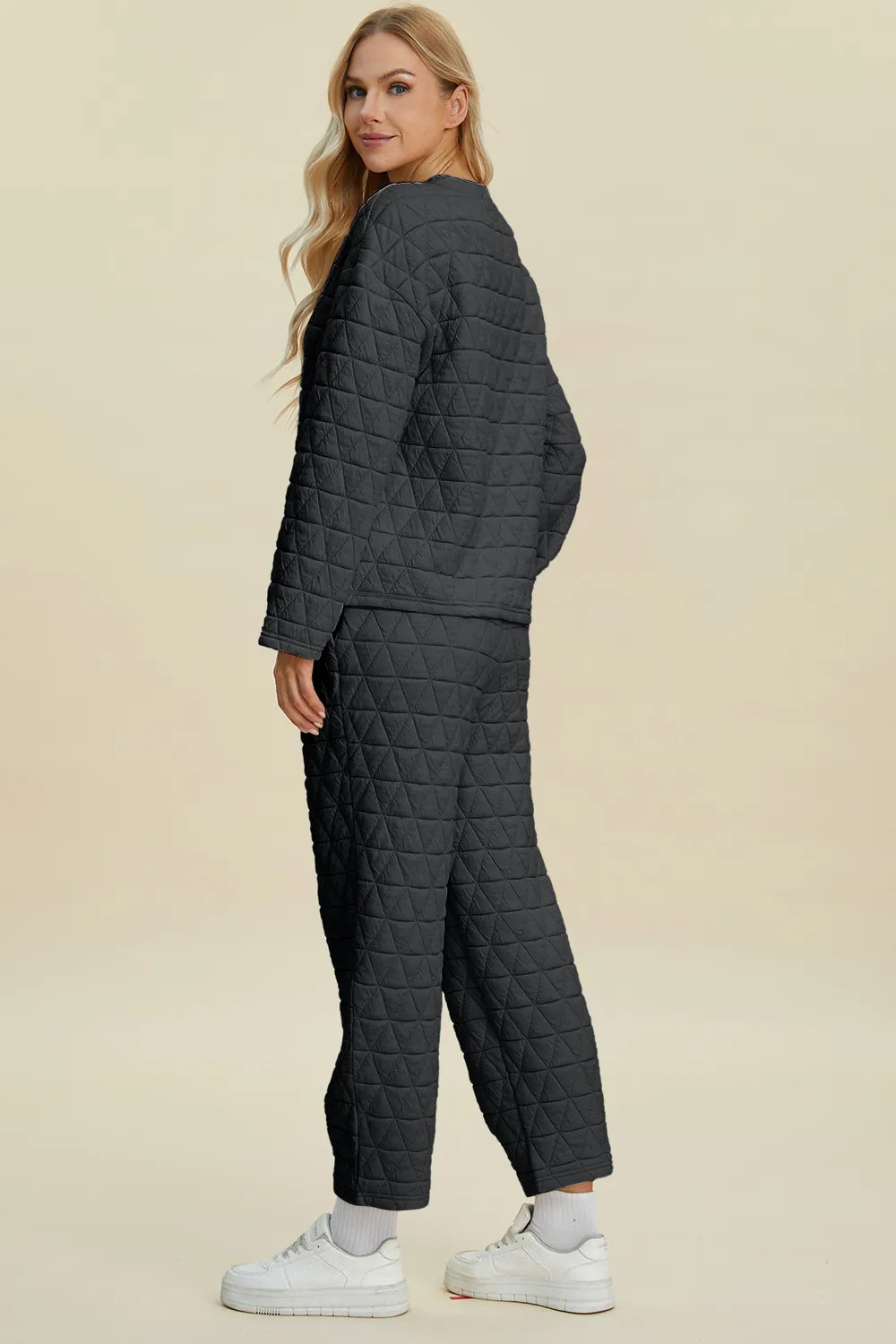 Plus Size Texture Round Neck Long Sleeve Top and Pants Set in Black for Women