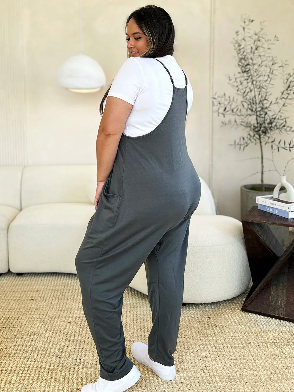 Plus Size Sleeveless V-Neck Pocketed Jumpsuit in Caramel for Women
