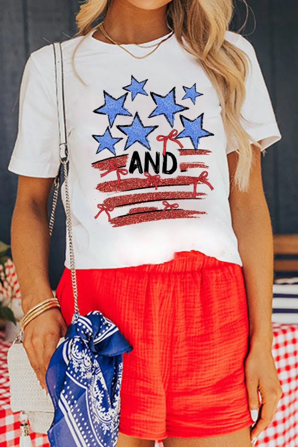 Stars and Stripes Bow Graphic T-Shirt in White for Women