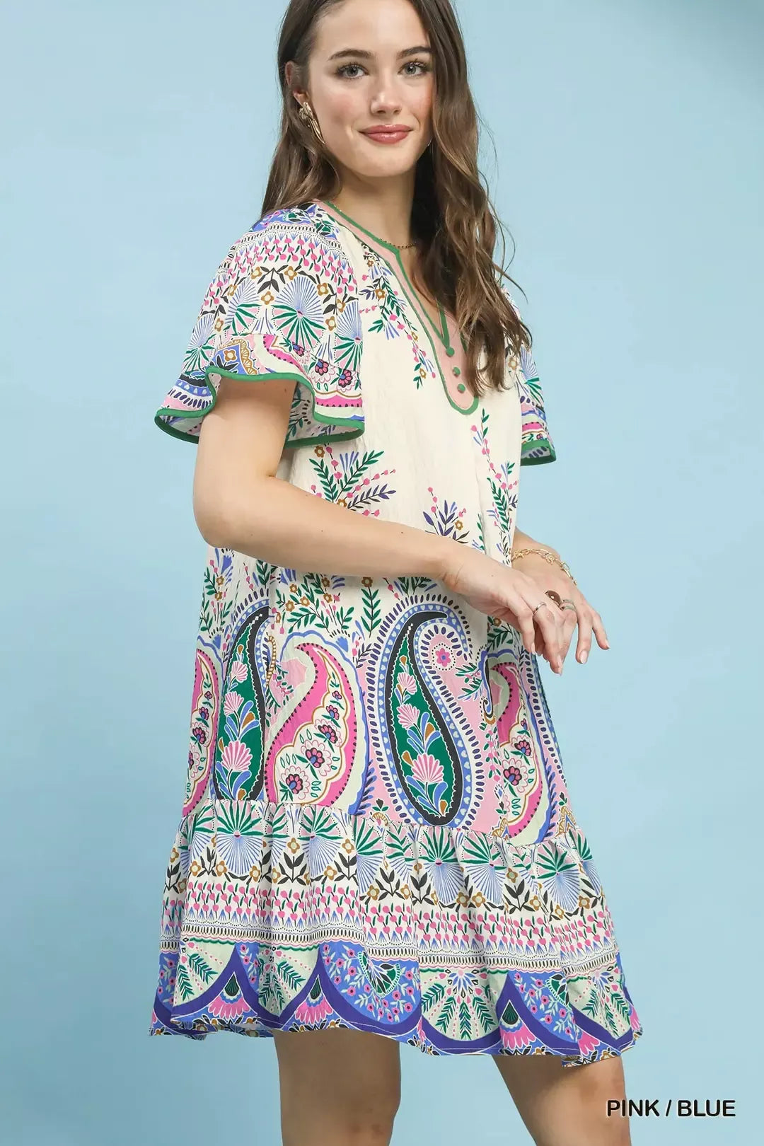 Paisley Flutter Sleeve Mini Dress in Pink Blue for Women