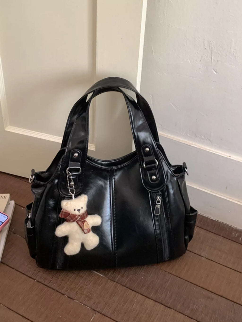 Leather Shoulder Bag with Bear Charm for Women