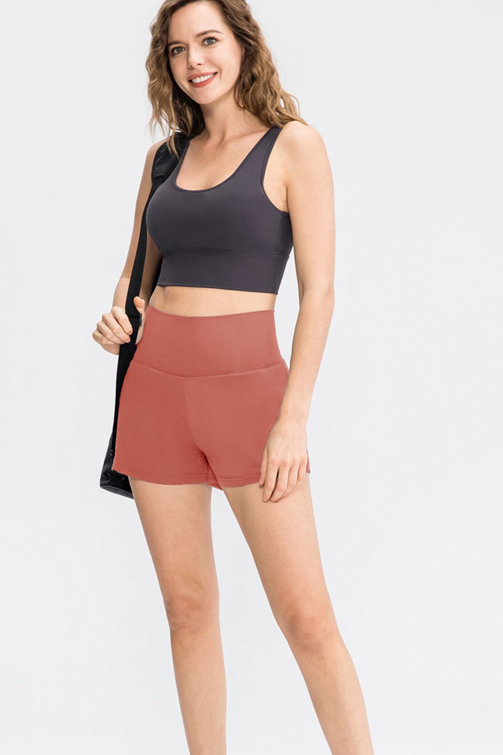 Wide Waistband Sports Shorts with Pockets in Deep Red for Women