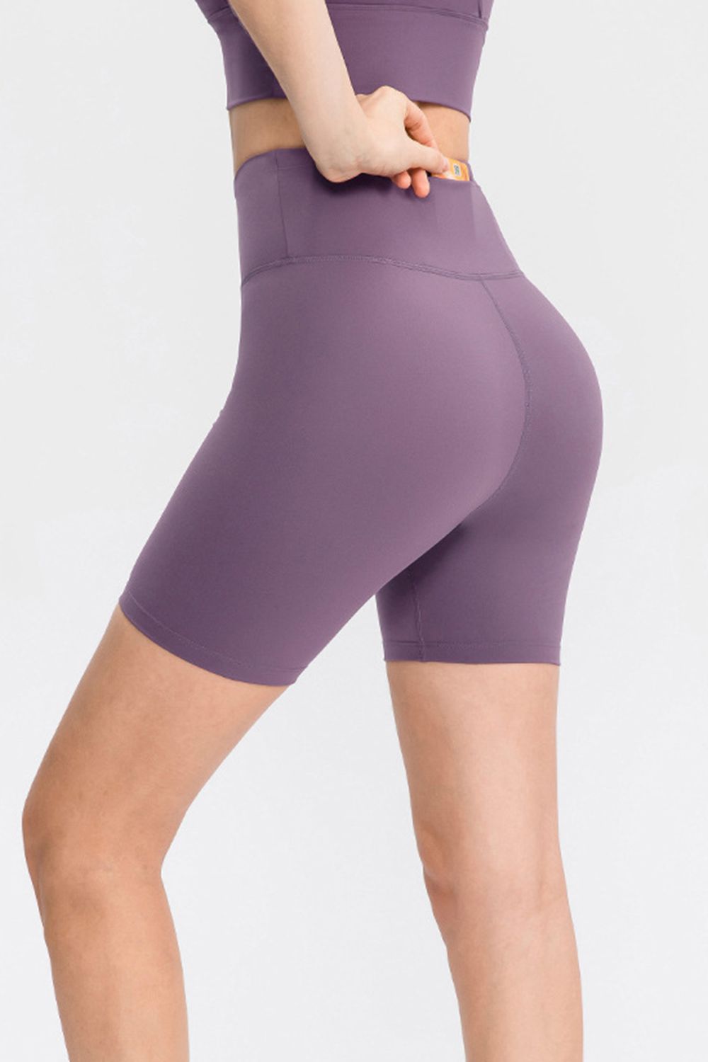 Wide Waistband Sports Shorts in Matcha Green in Dusty Blue for Women