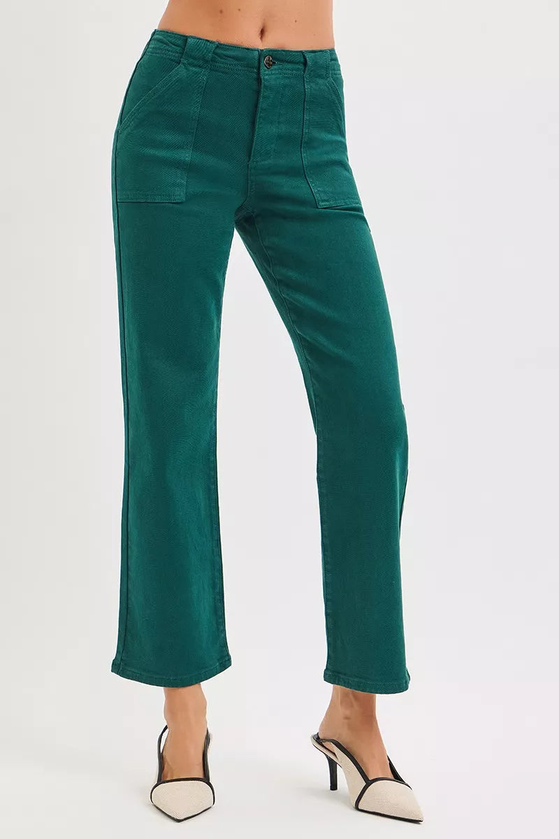 High Rise Ankle Flare Patch Pocket Jeans in Hunter Green for Women