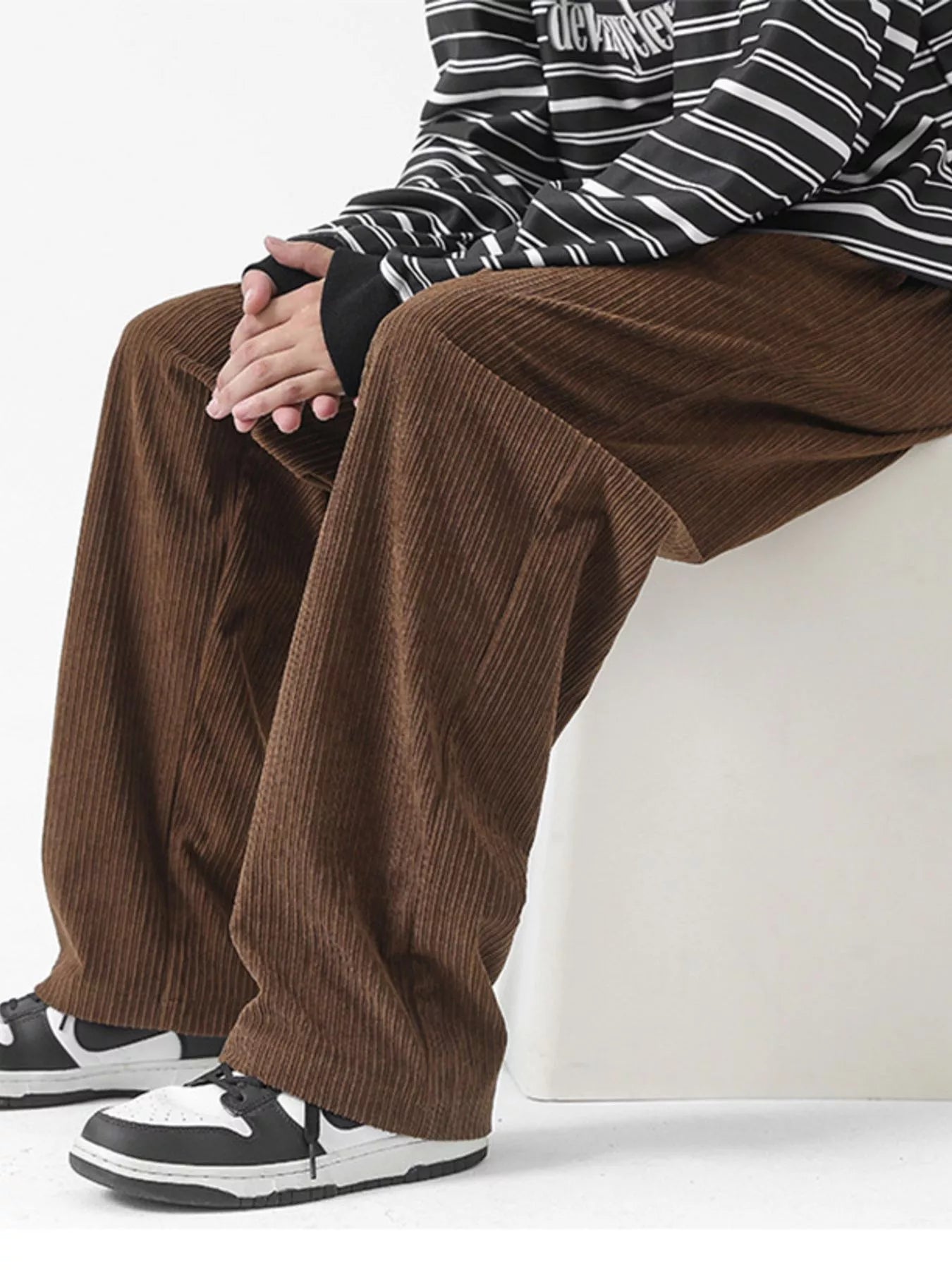 Drawstring Wide Leg Corduroy Pants Plus Size in Black for Men
