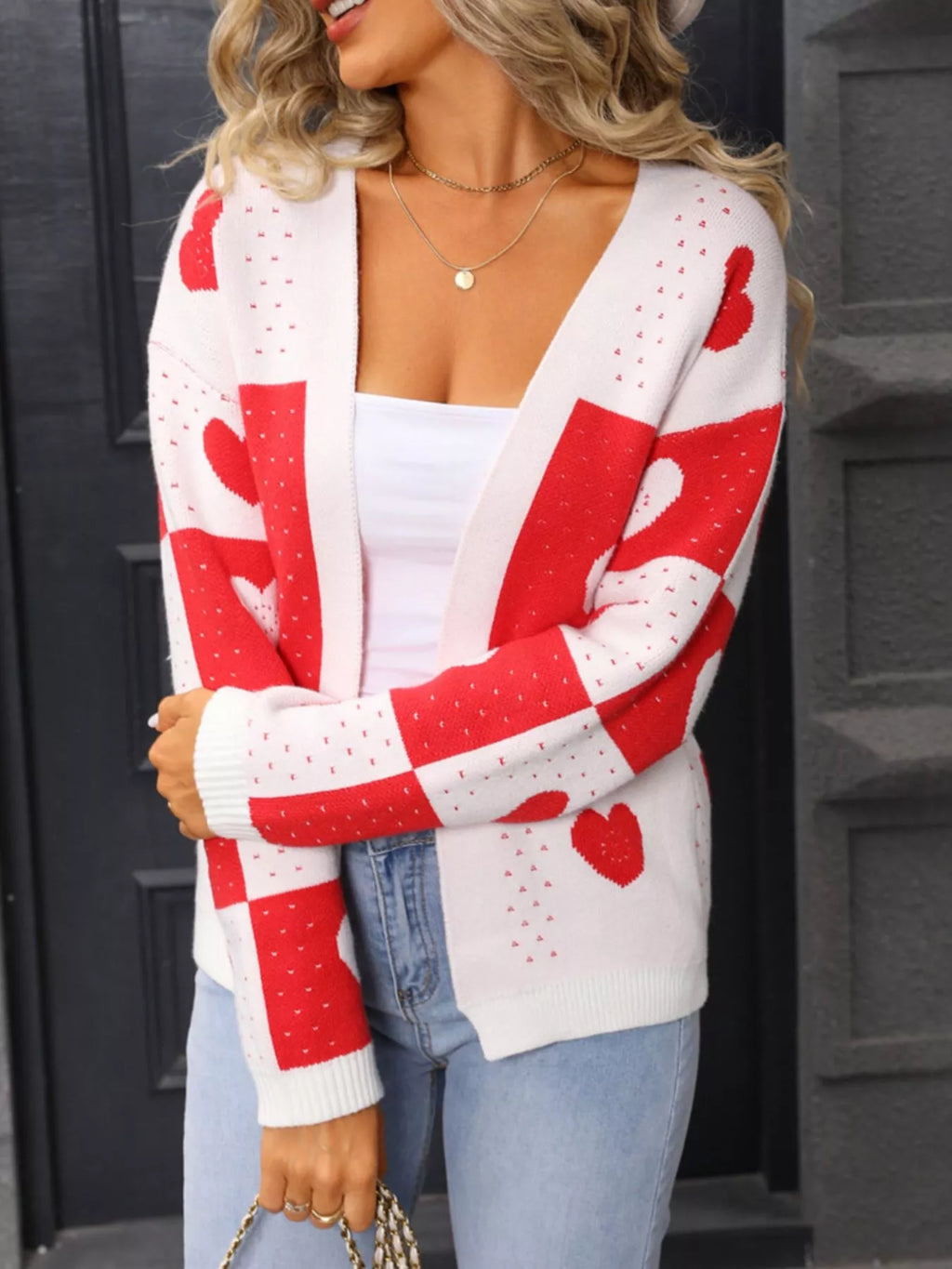 Valentines Day Heart Pattern Knit Cardigan for Women