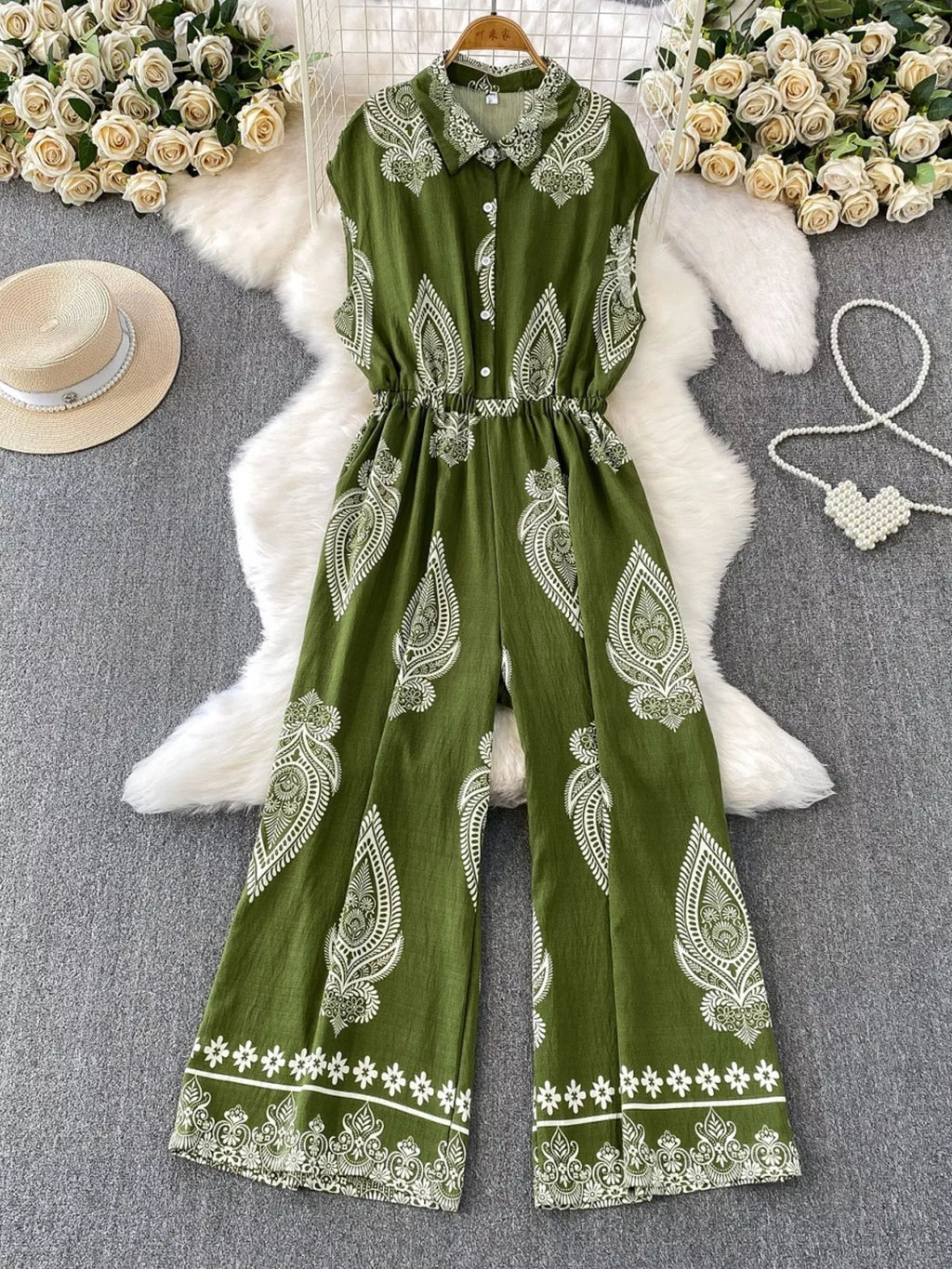 Green Button Front Wide Leg Jumpsuit in Yellow for Women
