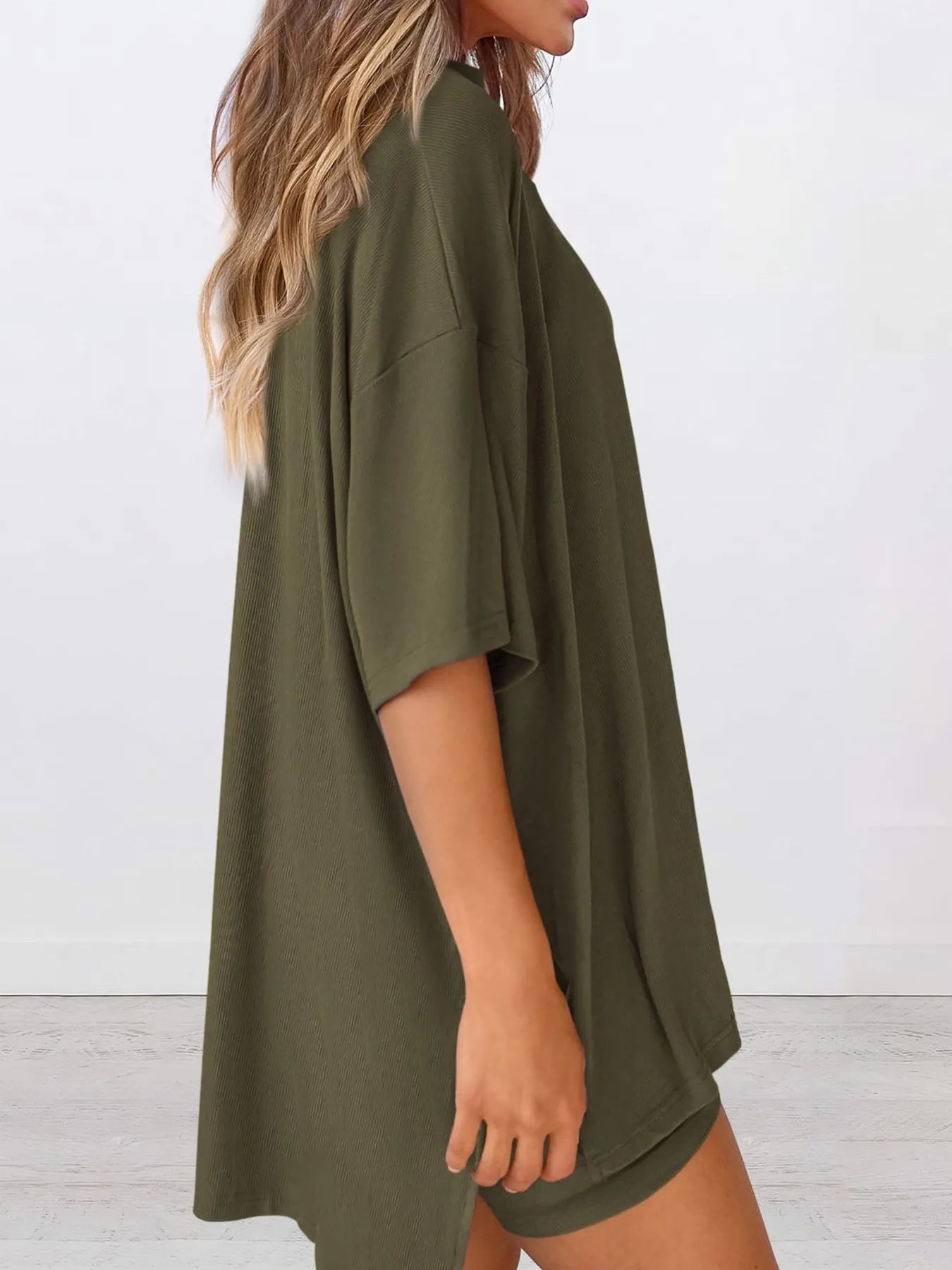 Oversized Slit Round Neck Top and Shorts Lounge Set Plus Size in Army Green for Women