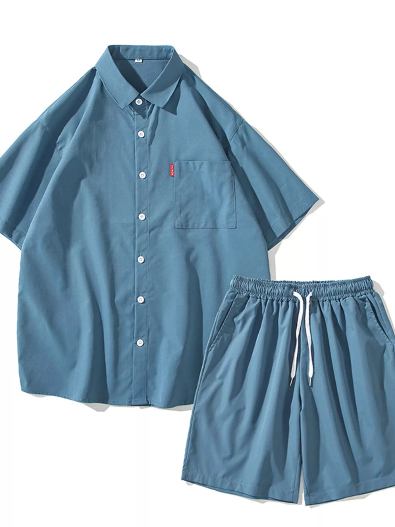 Plus Size Casual Solid Color Shirt & Shorts Set in Gray for Men