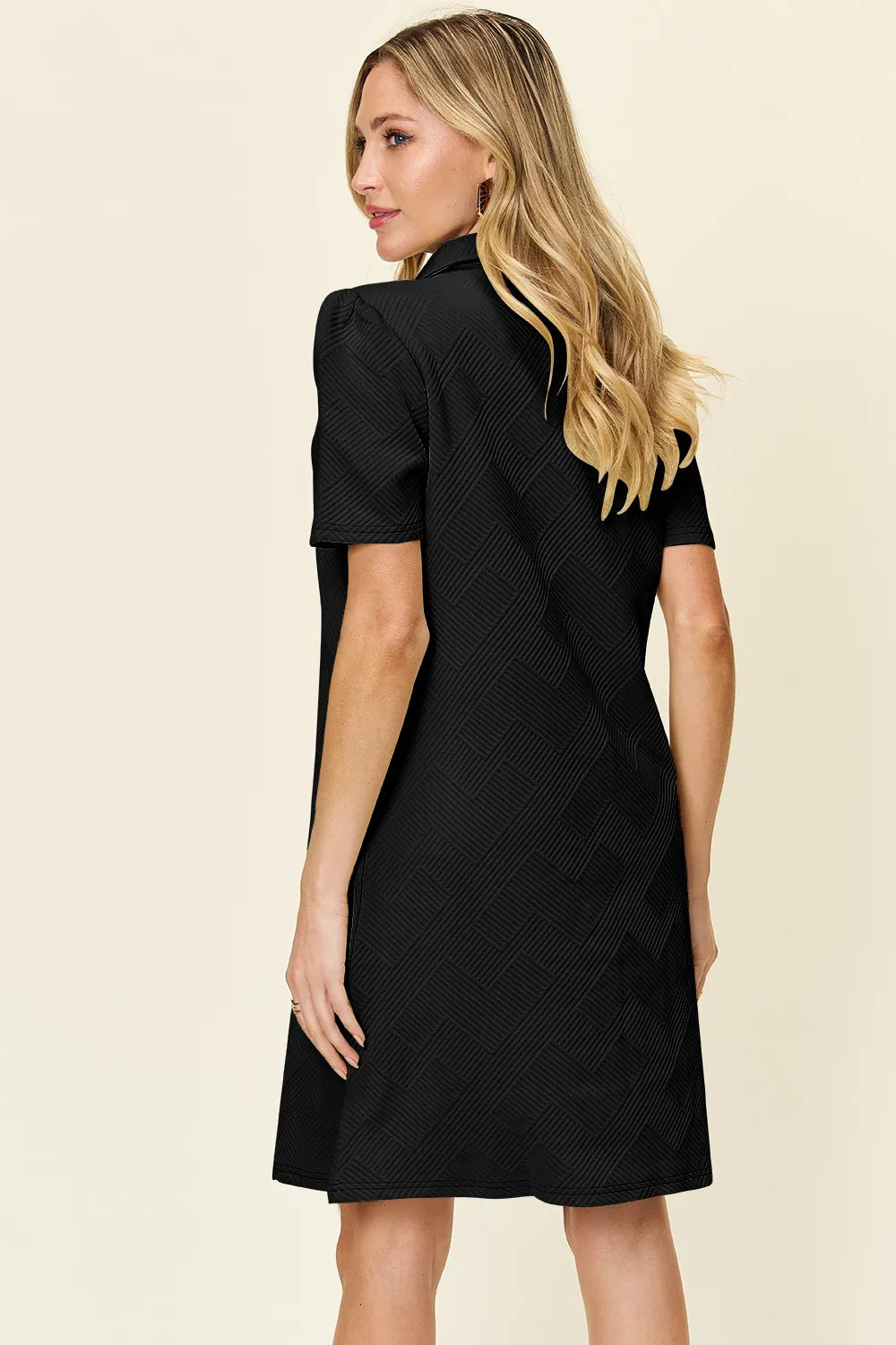 Plus Size Texture Collared Neck Short Sleeve Dress in Cream for Women