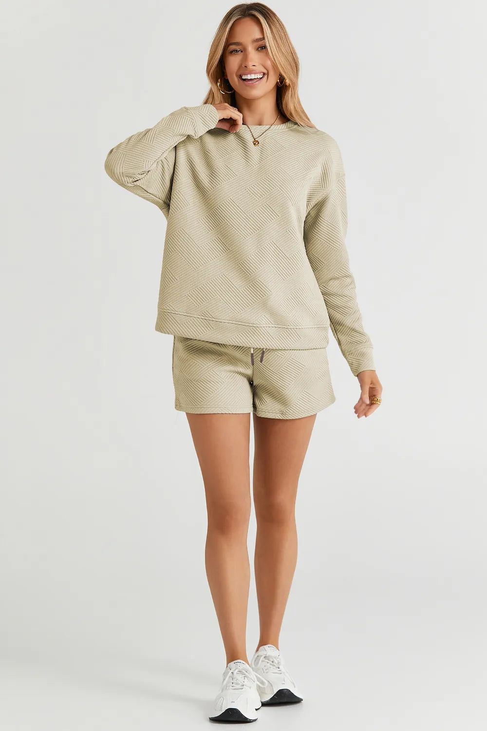 Plus Size Texture Long Sleeve Top and Drawstring Shorts Set for Women