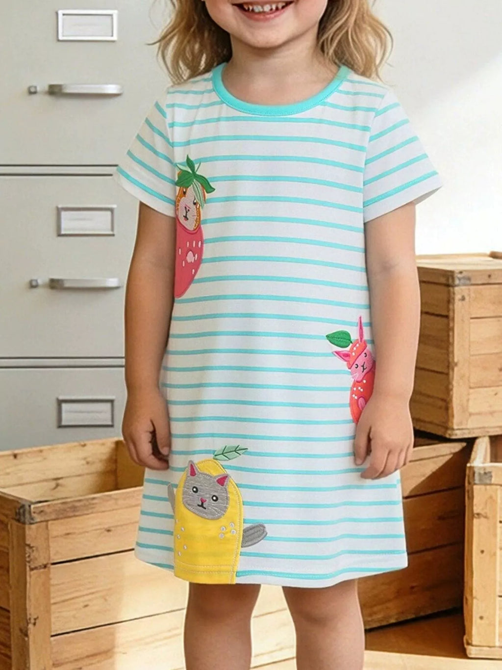Animal Embroidered Striped Casual Dress in Mint Blue for Girls