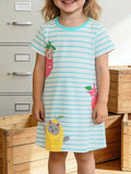 Animal Embroidered Striped Casual Dress in Mint Blue for Girls