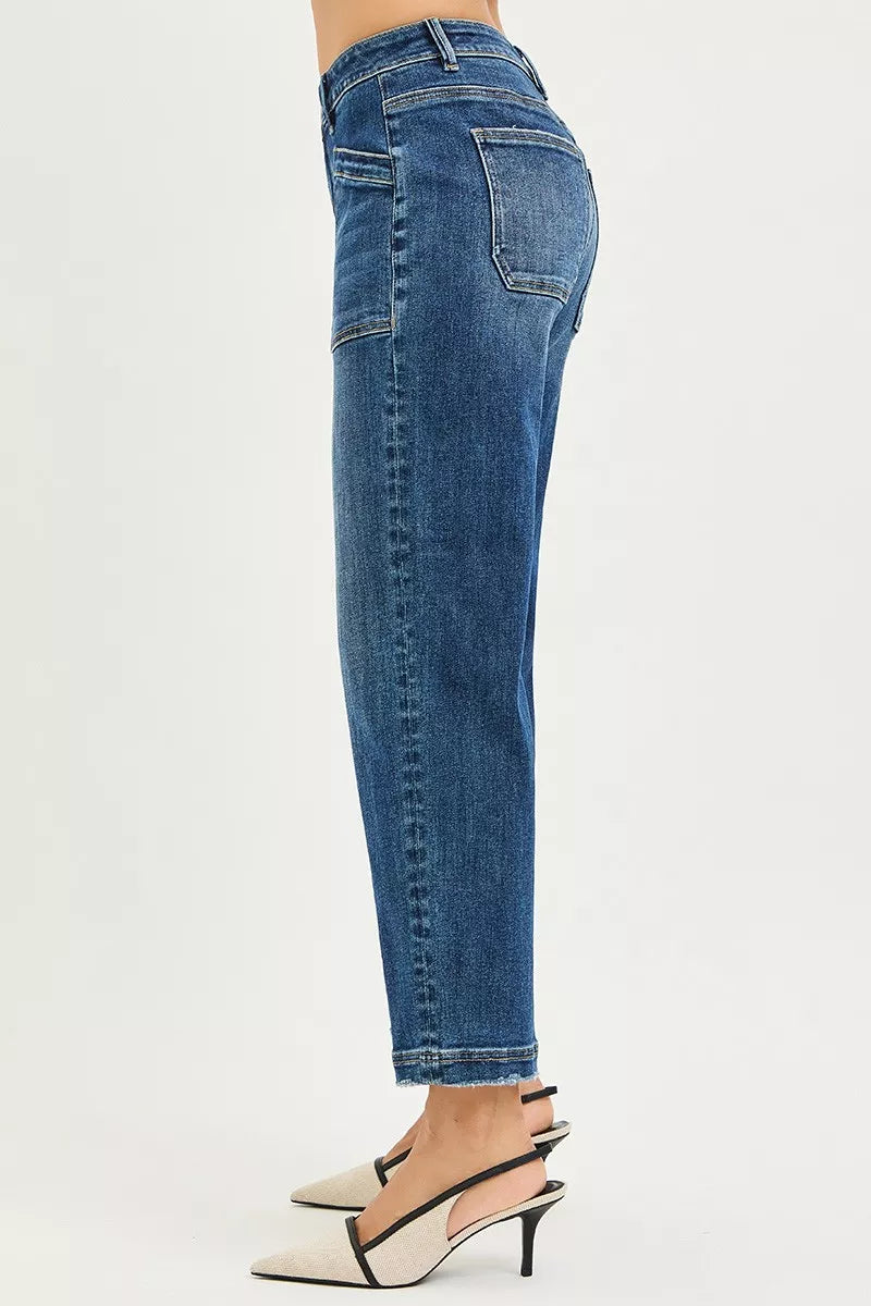 Slouchy Cropped Baggy Jeans with Front Patch Pocket in Dark for Women