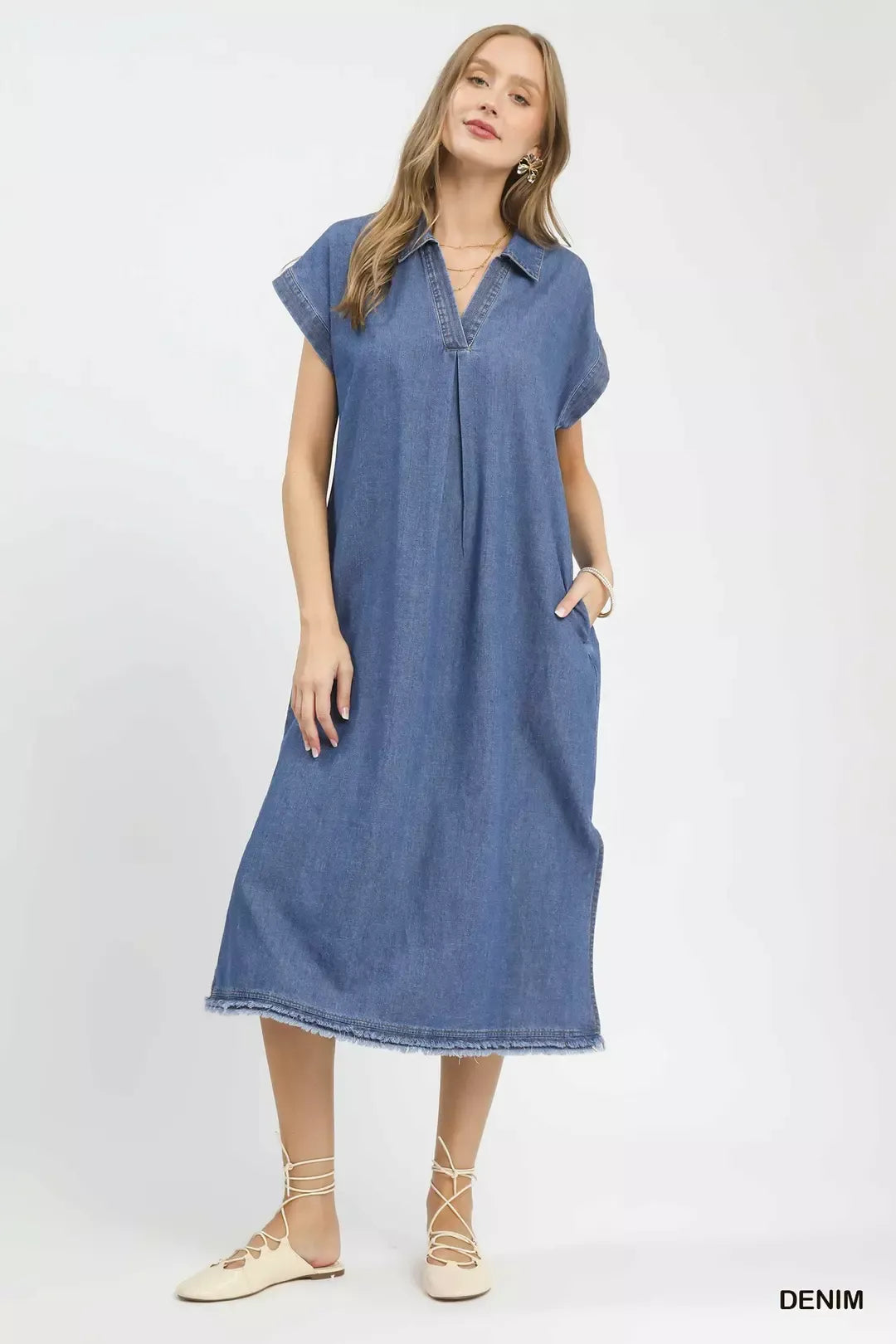 Stone Washed Collared Denim Midi Dress for Women