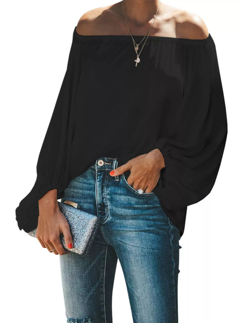 Off-Shoulder Balloon Sleeve Blouse Plus Size in Green for Women
