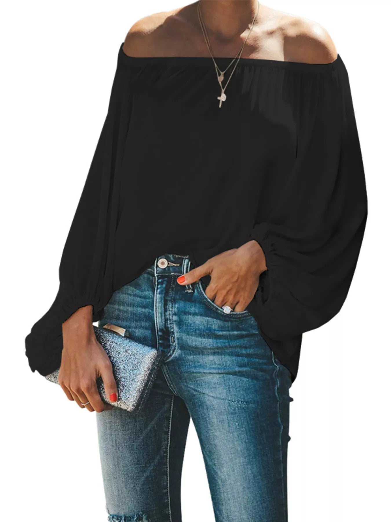 Off-Shoulder Balloon Sleeve Blouse Plus Size in Green for Women