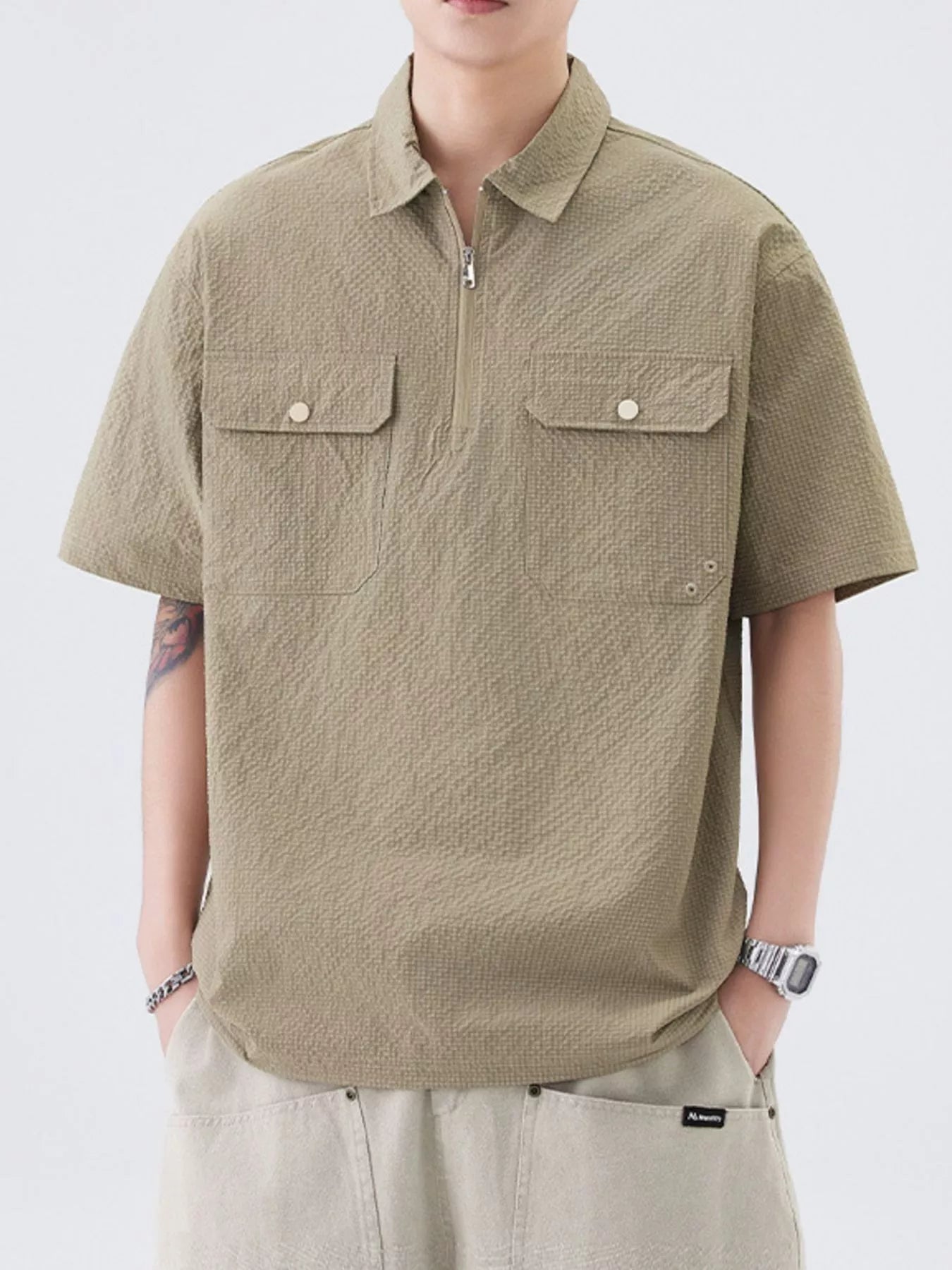 Quarter Zip Half Sleeve Polo in Olive for Men