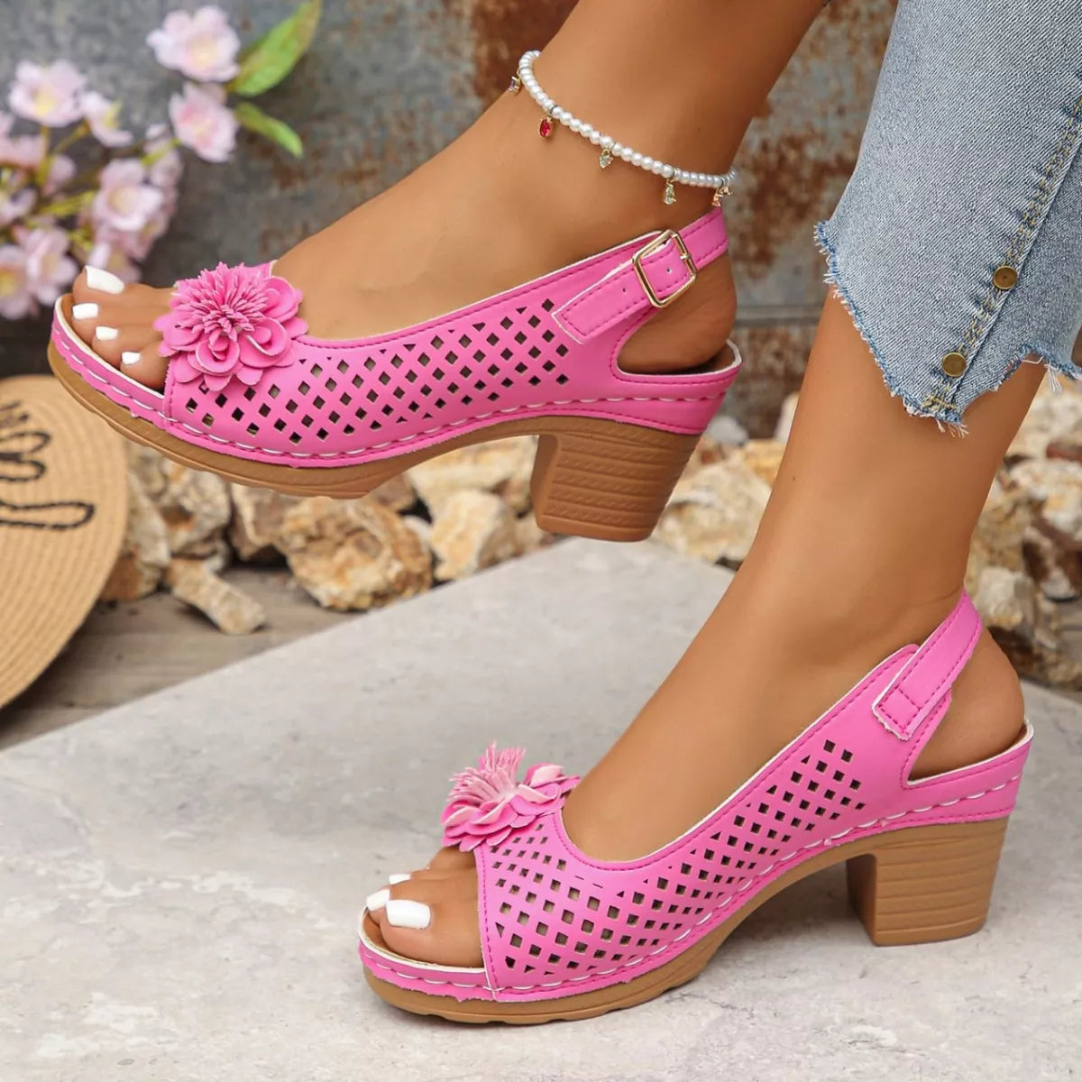 Floral Accent Block Heel Sandals in White for Women