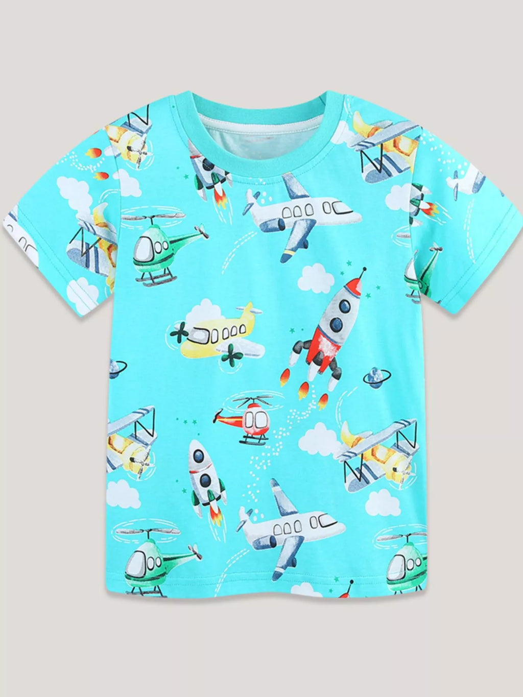 Airplane & Rocket Print Crew Neck Short Sleeve T-Shirt in Aqua for Boys