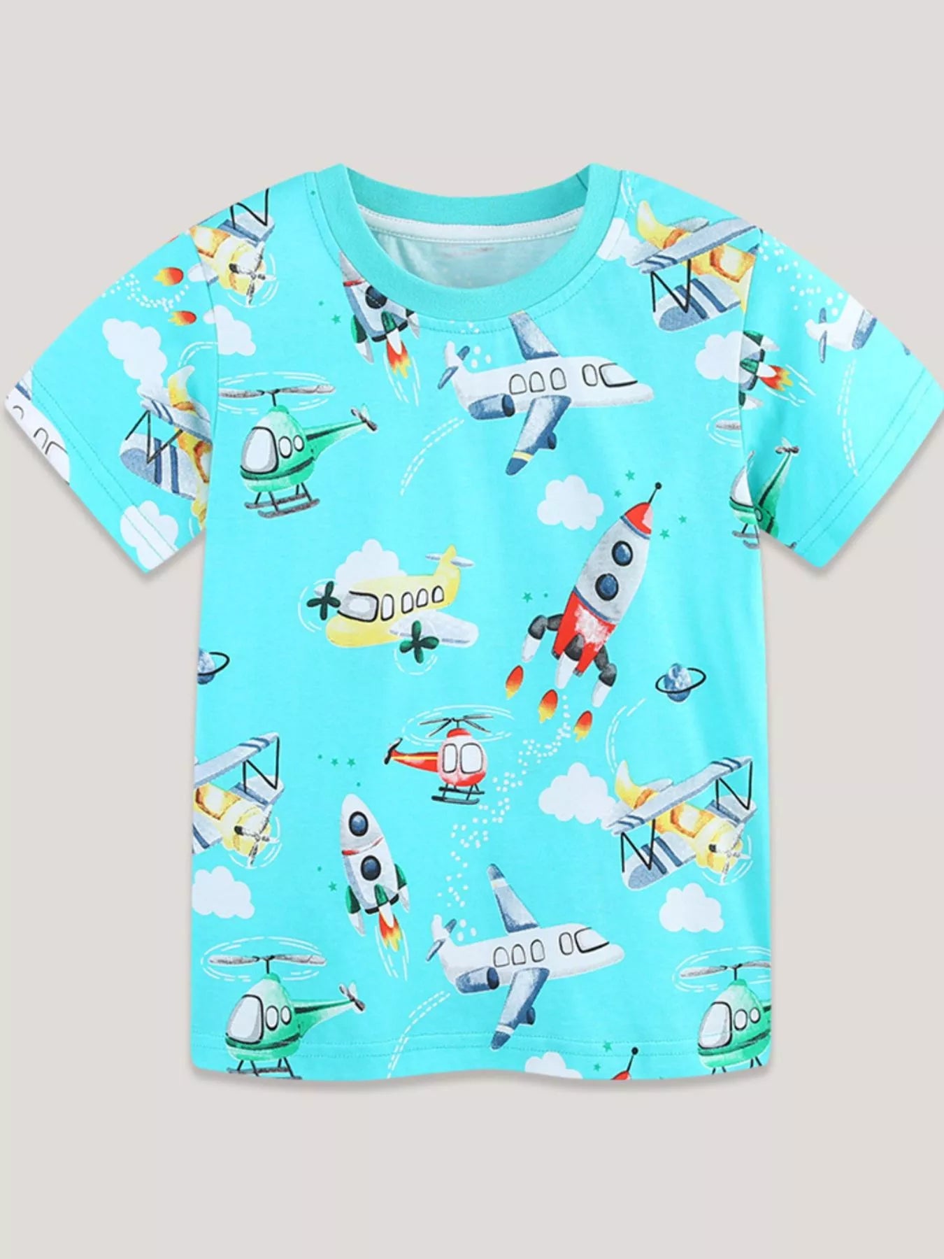 Airplane & Rocket Print Crew Neck Short Sleeve T-Shirt in Aqua for Boys