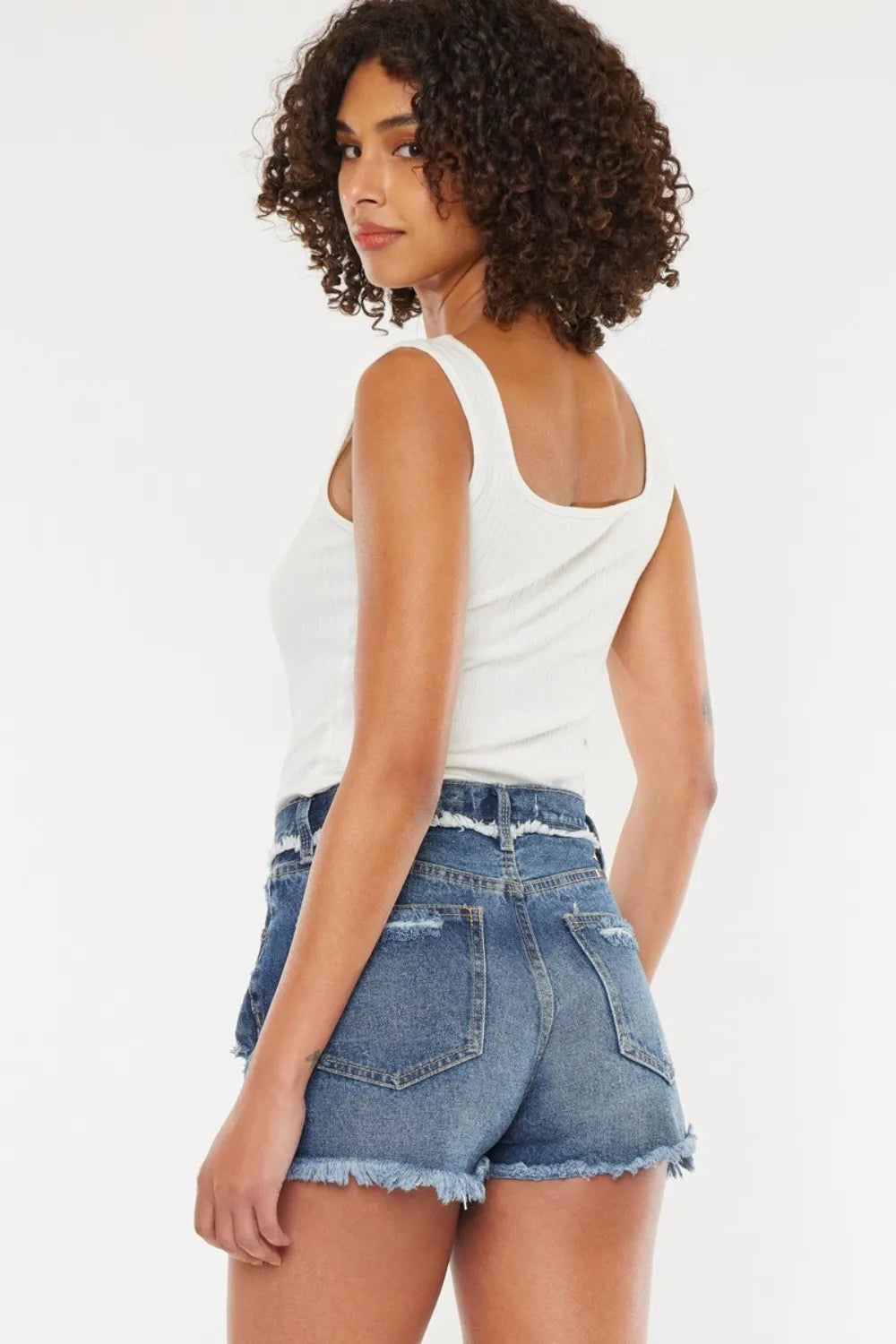 Distressed Button Fly Denim Shorts in Dark for Women