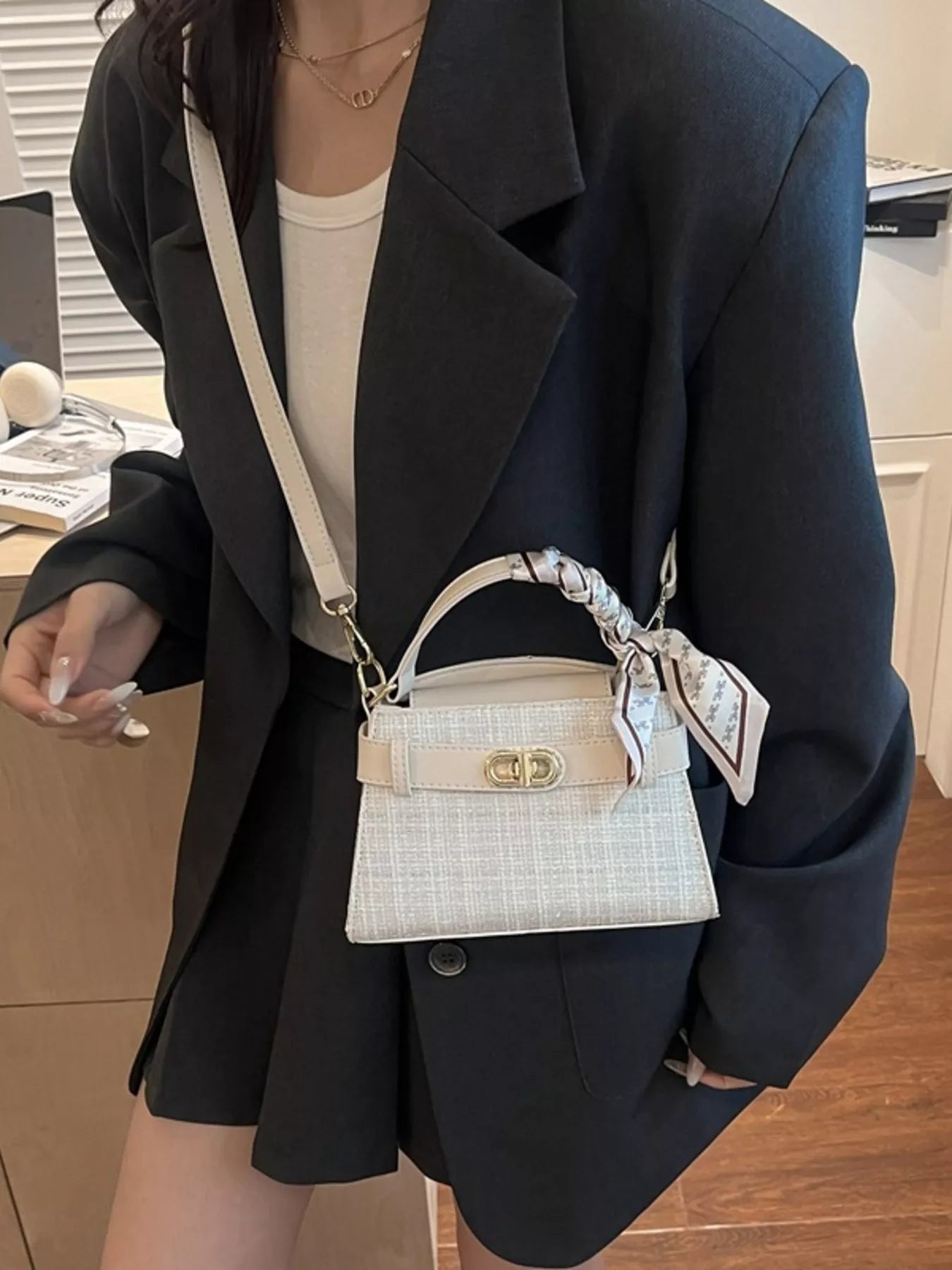 Texture Top Handle Crossbody Bag in Cream White for Women