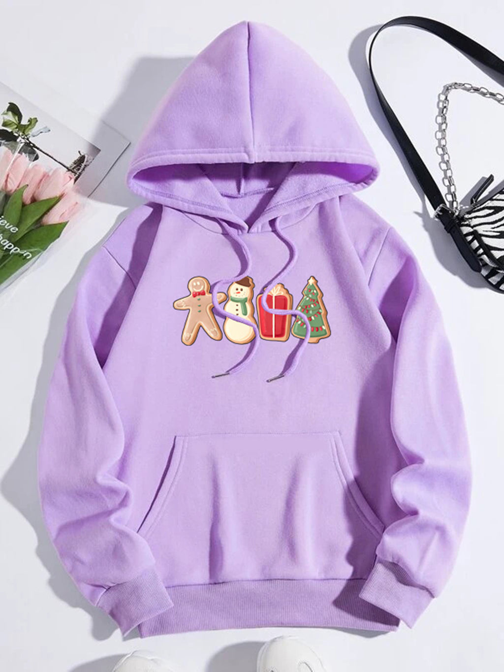 Graphic Drawstring Hoodie with Pocket in Black for Women