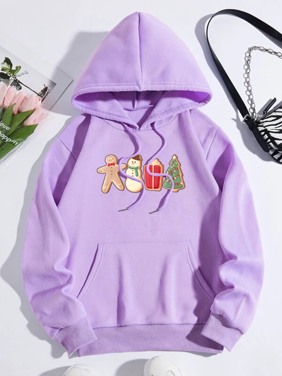 Graphic Drawstring Hoodie with Pocket in Black for Women