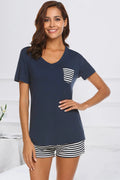 Striped Short Sleeve Top and Shorts Lounge Set in Dark Blue for Women