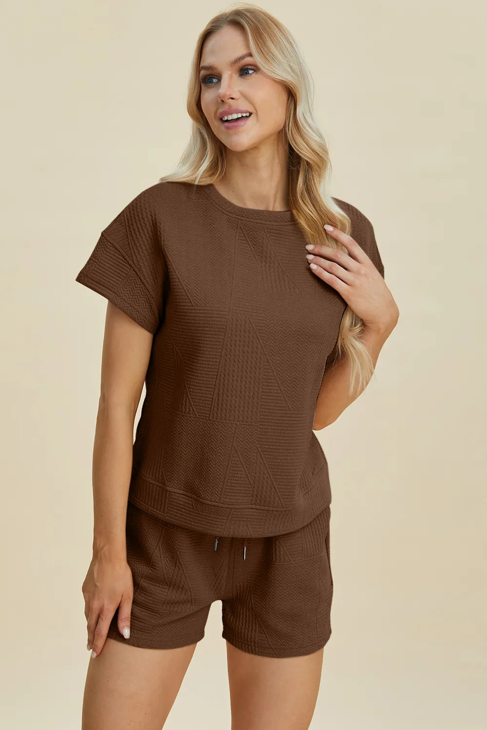 Plus Size Texture Short Sleeve Top and Shorts Set in Cerulean for Women