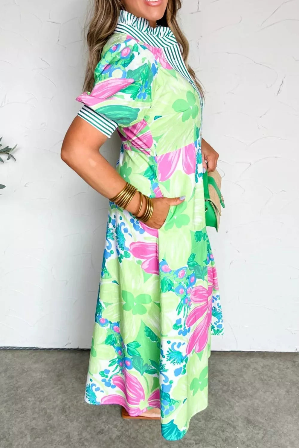Floral Print Button-Up Midi Dress with Puff Sleeves in Neon Green for Women