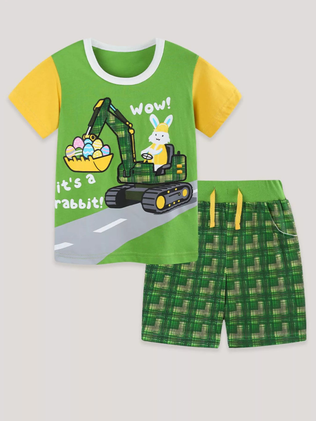 Rabbit Excavator Print Tee and Shorts Set in Green for Boys