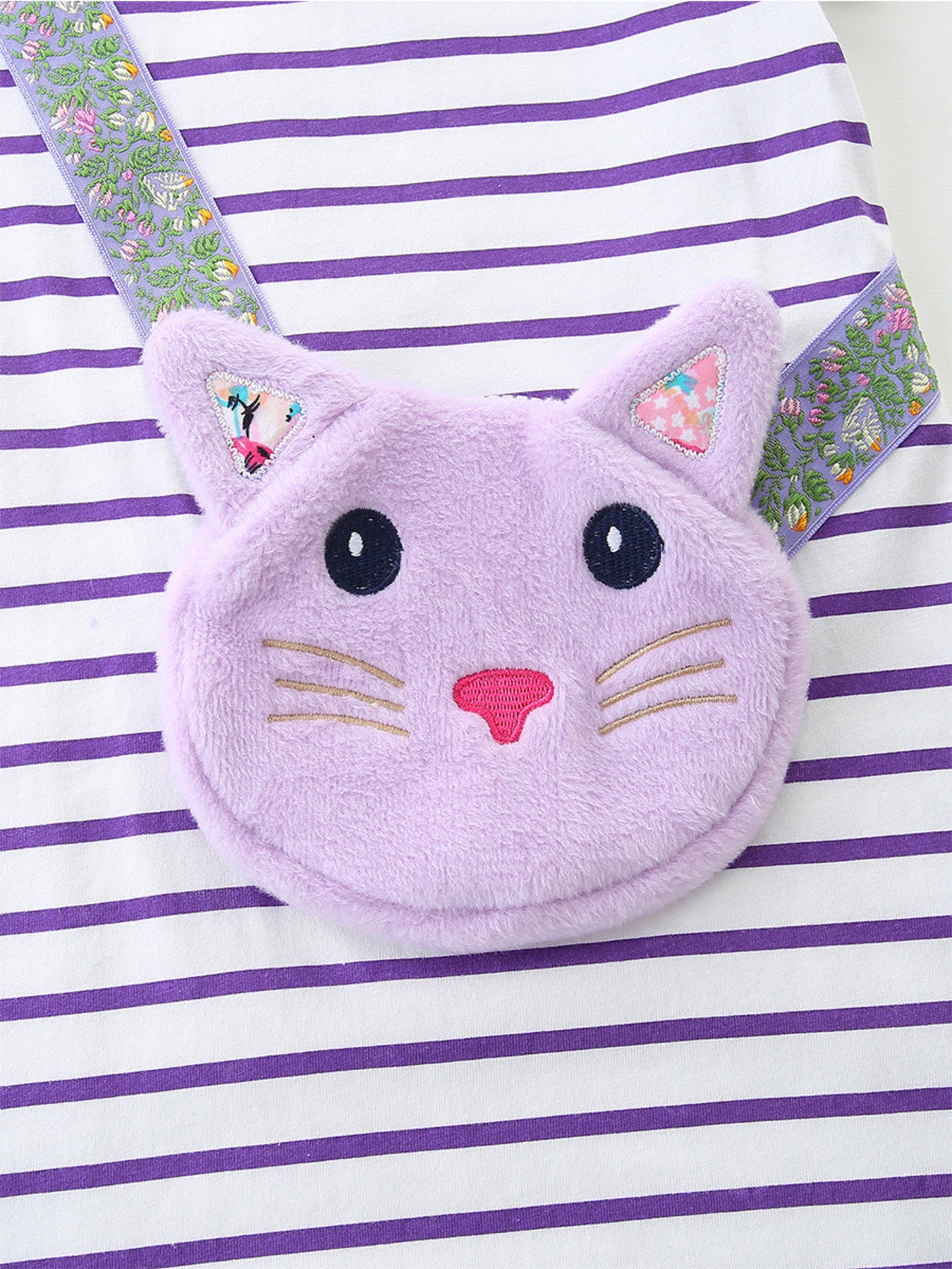 Striped Casual Dress with Cat Bag in Lavender for Girls