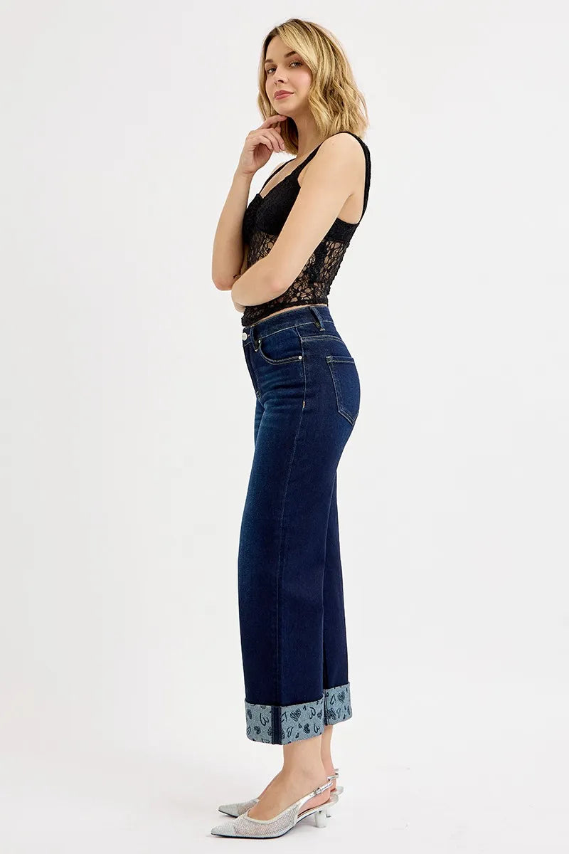 Mid Rise Fit Crop Wide with Printed Cuff Jeans Plus Size in Dark for Women