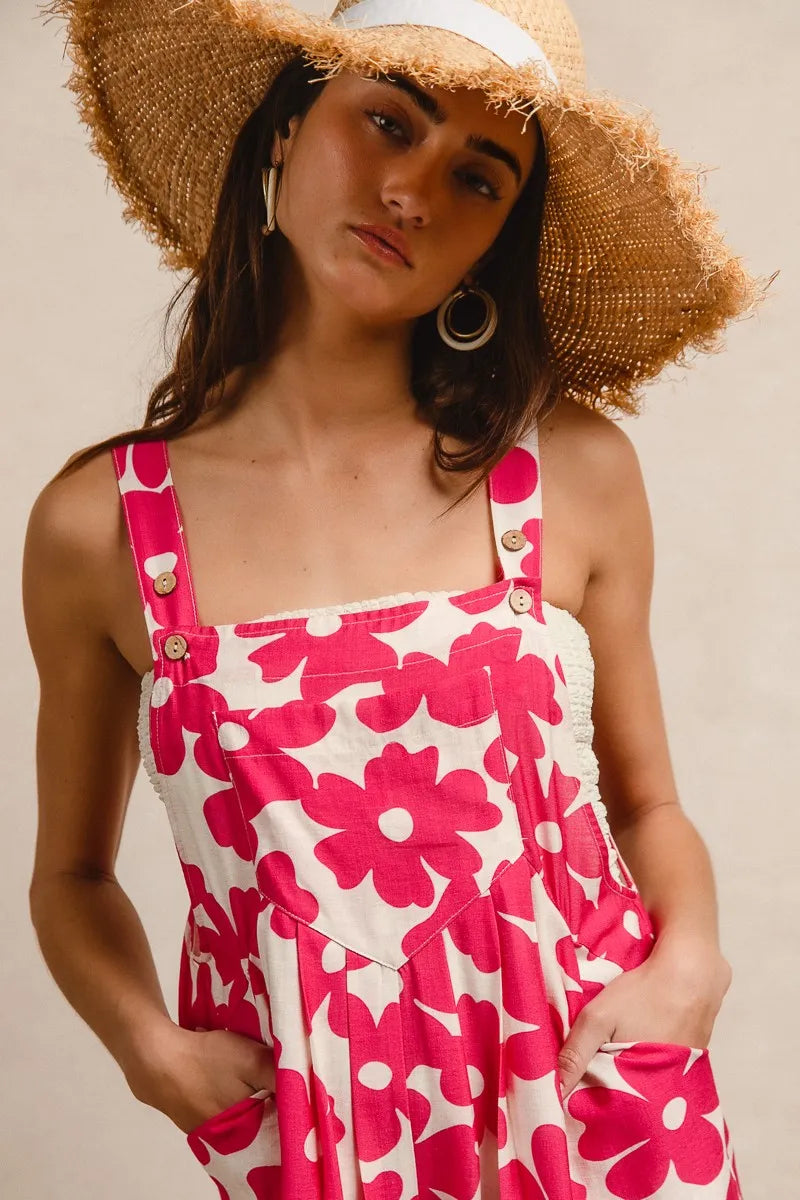 Floral Prints Tuck Detail Short Overall with Pockets for Women