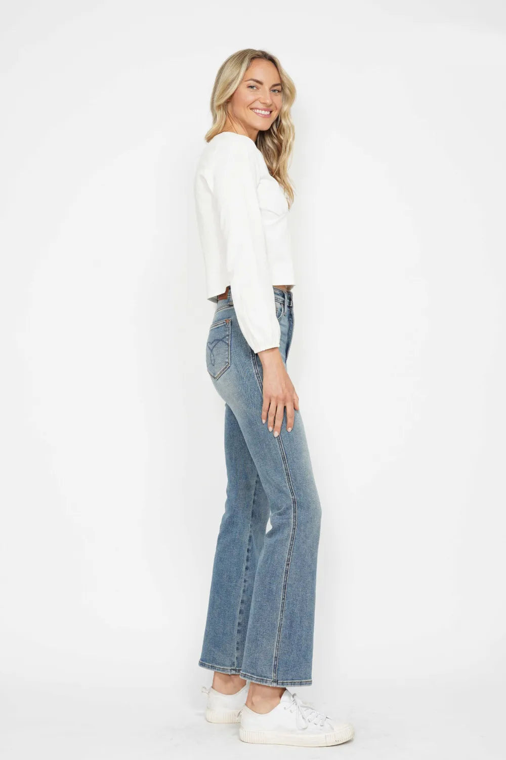 Tummy Control Back Embroidered Pocketed Bootcut Jeans Plus Size in Short Inseam for Women