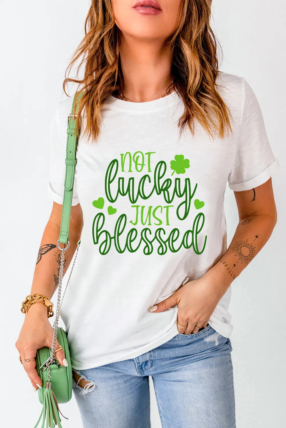 Not Lucky Just Blessed Round Neck T-Shirt in White for Women
