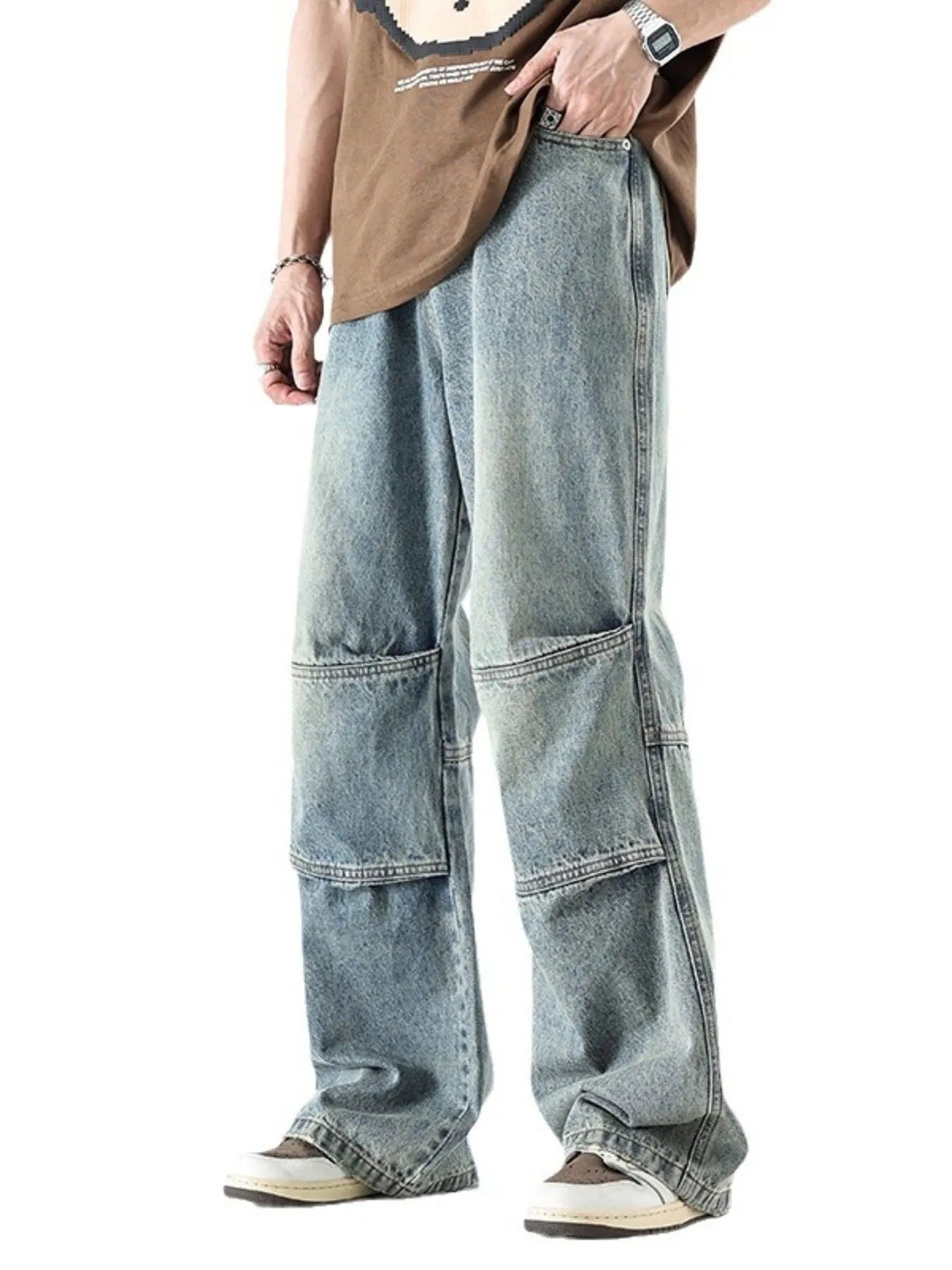 Vintage Wide Leg Utility Jeans with Multi-Panel Design in Cheese Yellow for Men