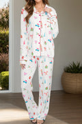 Printed Collared Neck Long Sleeve Top and Pants Lounge Set in White for Women