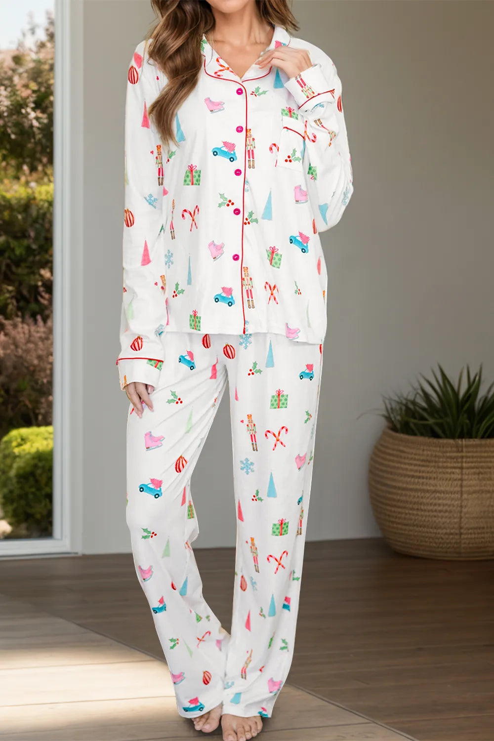 Printed Collared Neck Long Sleeve Top and Pants Lounge Set in White for Women