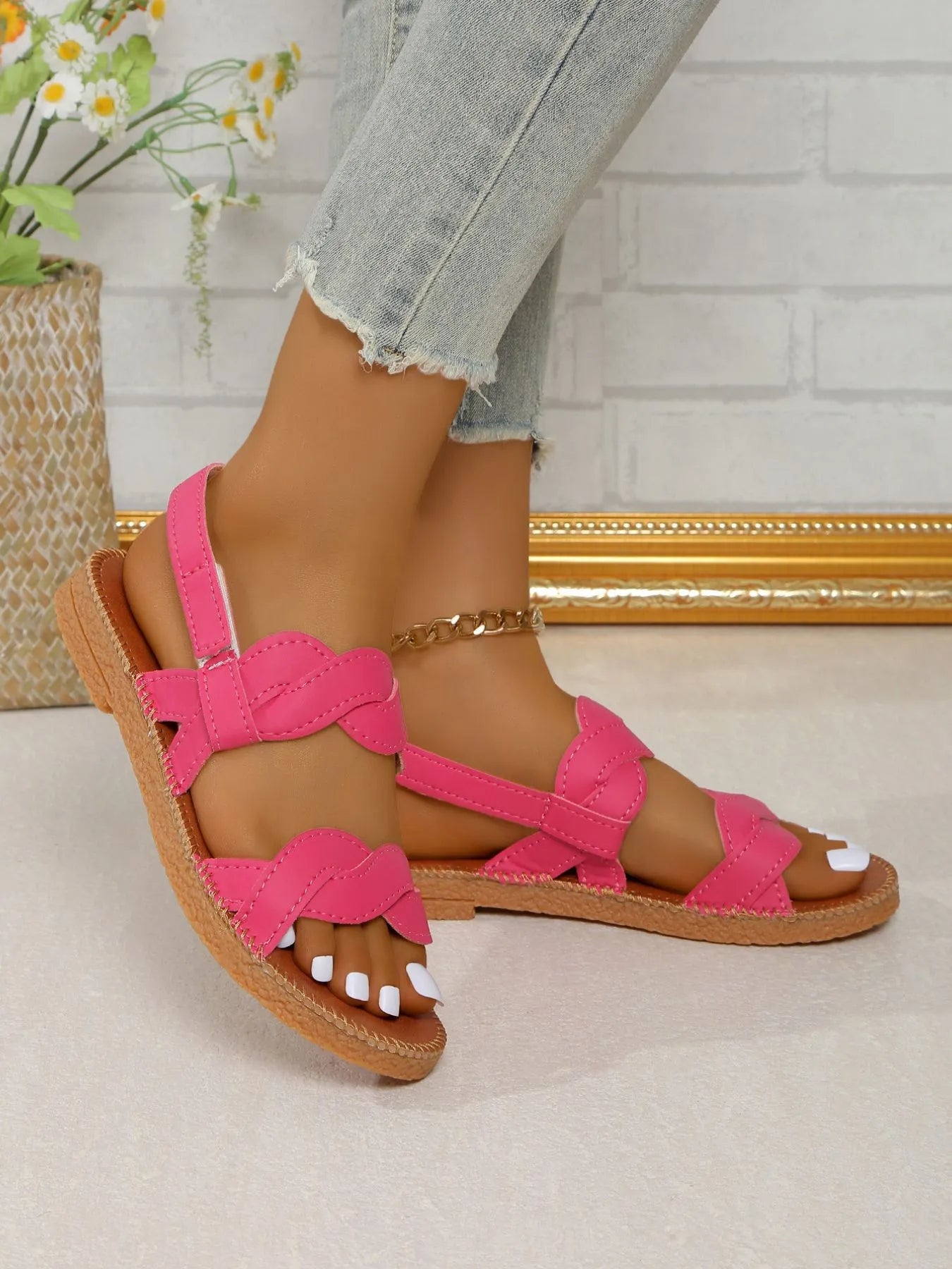 Open Toe Flat Sandals in Rose Red for Women