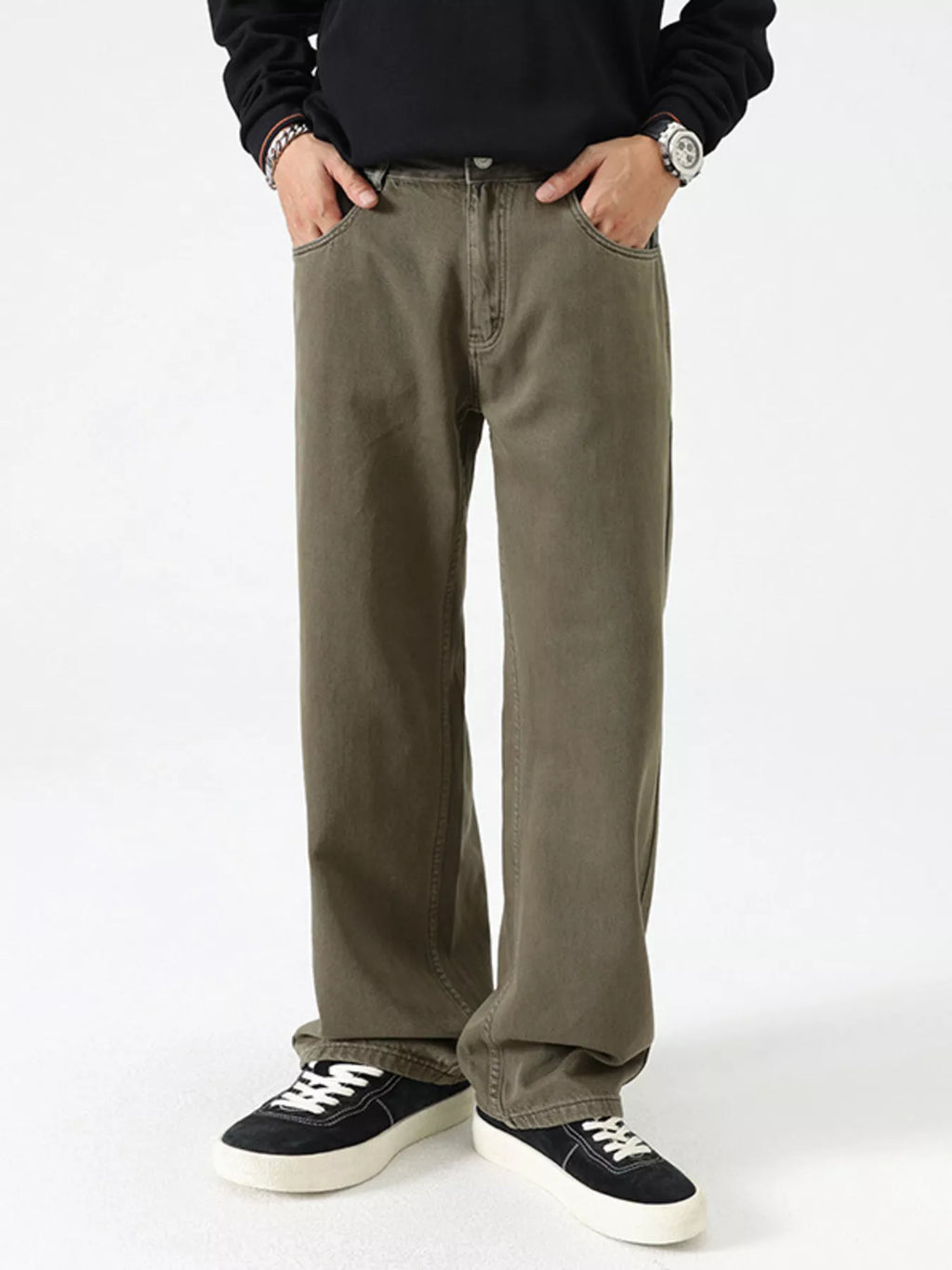 Vintage Wash Wide Leg Jeans in Khaki in Black for Men